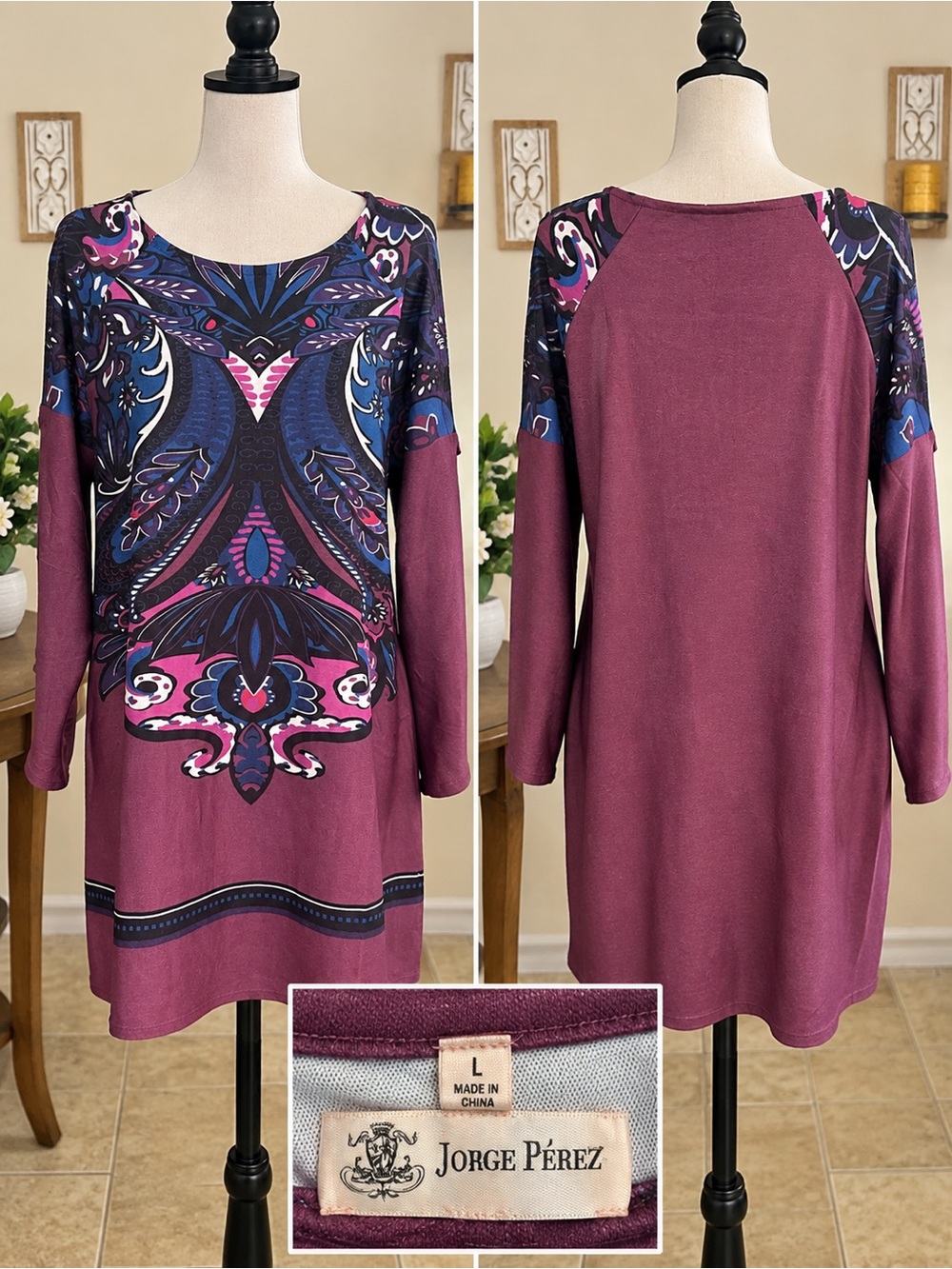 Plum & Navy Printed Long-Sleeve Tunic Dress